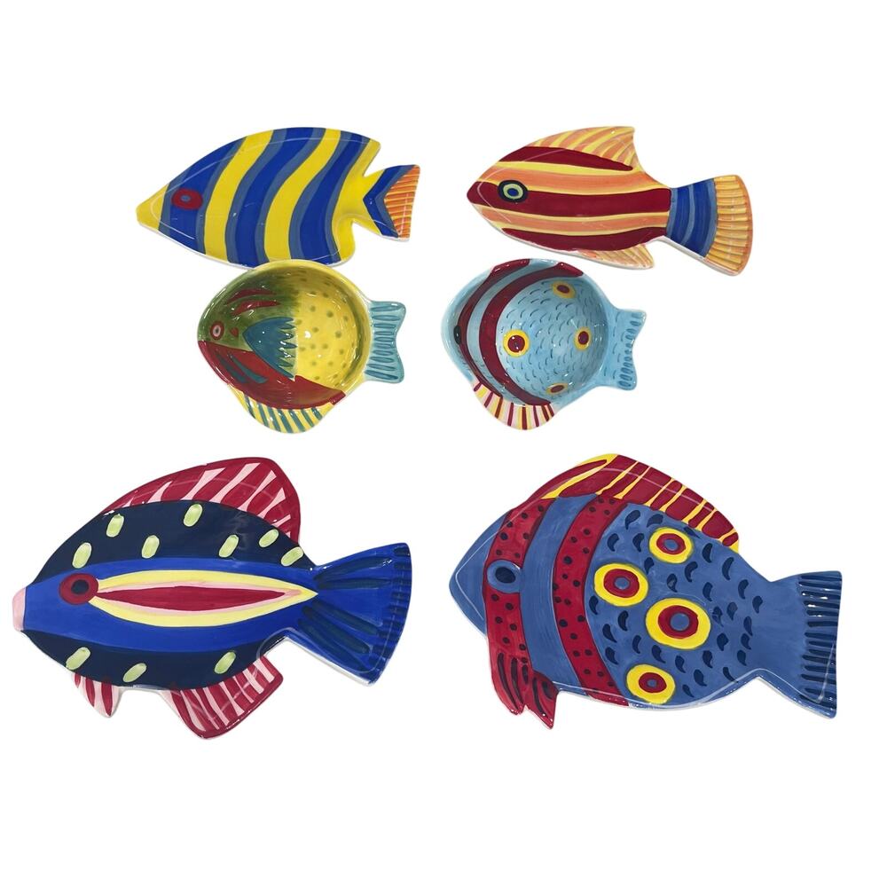 Boston Warehouse "Island Fish" Hand-Painted Ceramic Plate & Bowl Set - 6 Piece